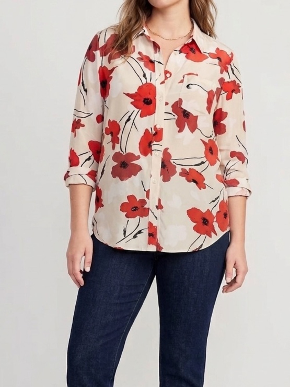 J Crew Classic Fit Button Up Womens Cream Shirt 100% Silk Poppy Print in Size 12